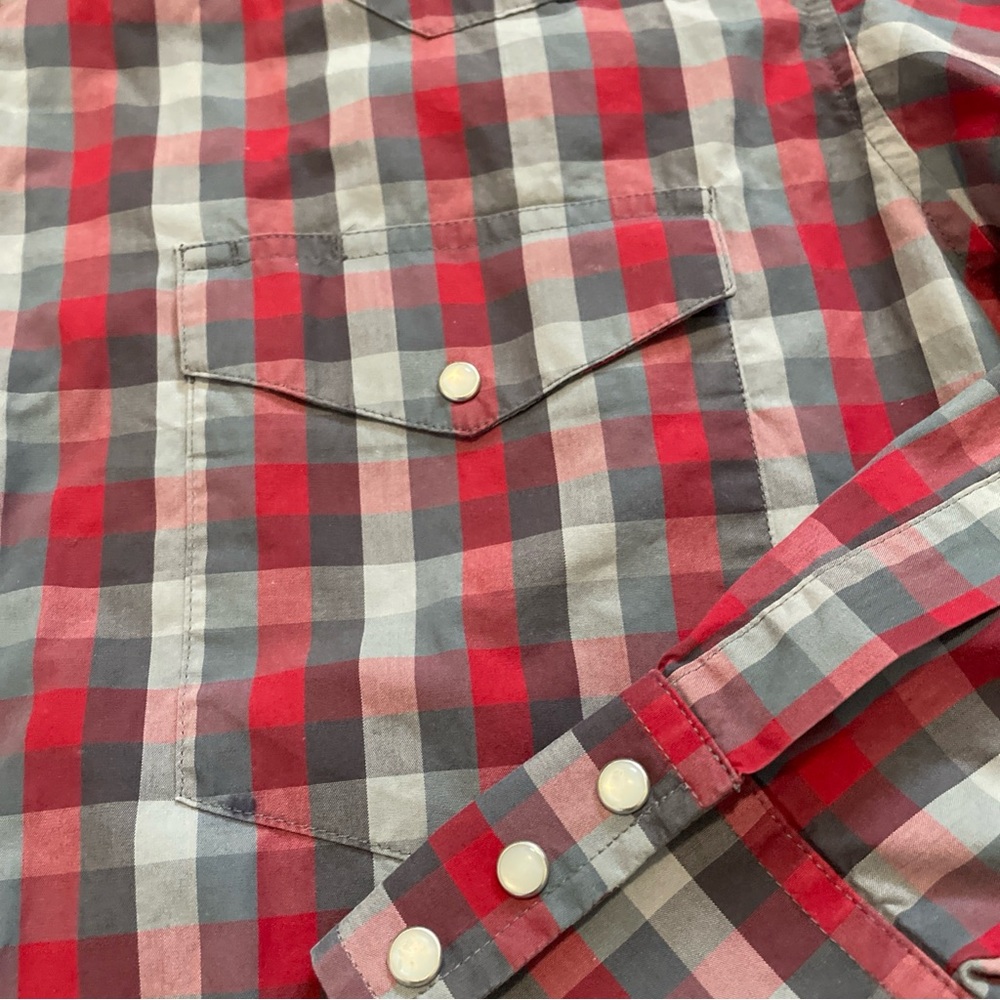 Wrangler Shirt Mens 2XL XXL Red Gray Check Pearl Snap Long Sleeve Cowboy Western - Picture 3 of 13